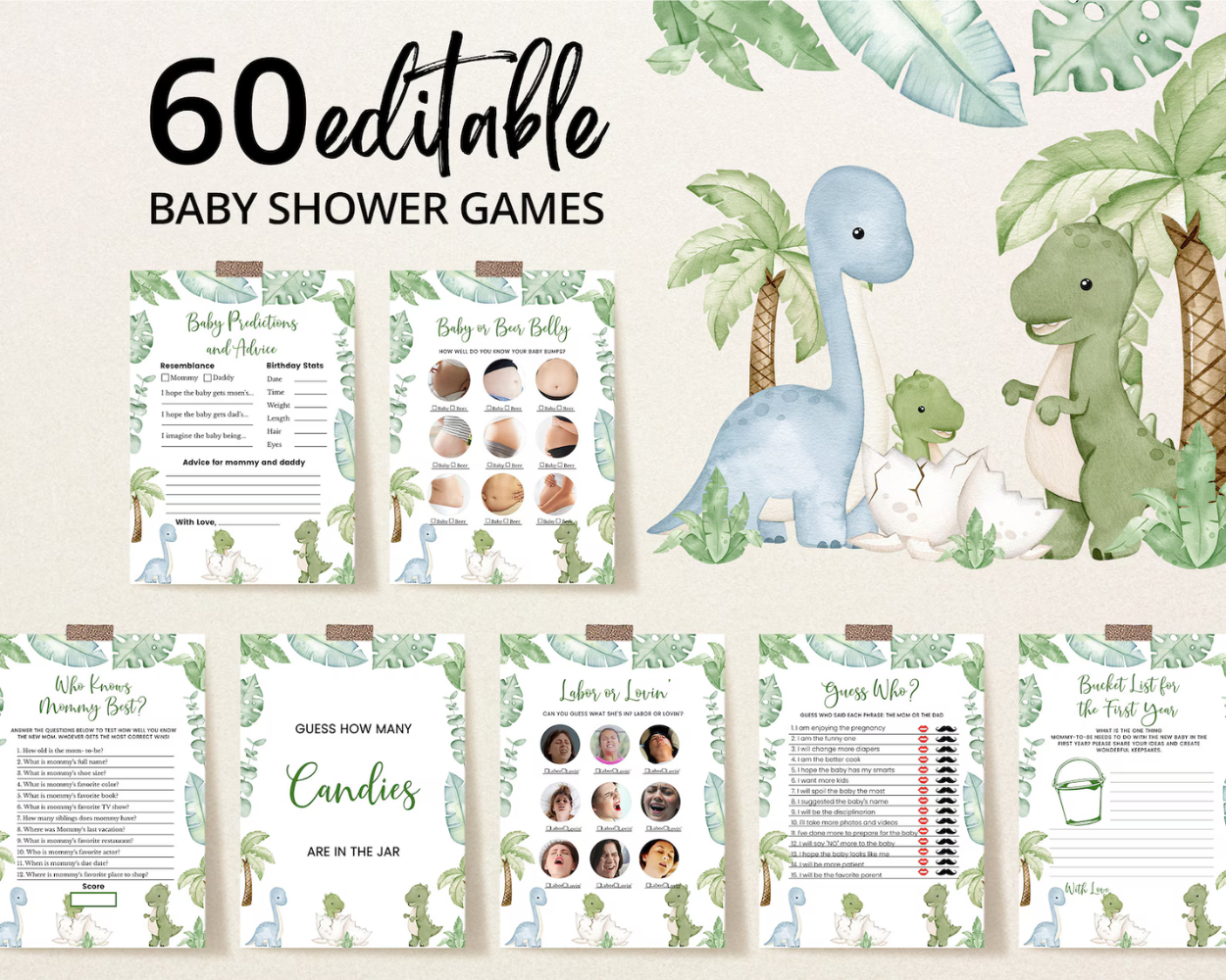 Editable Dinosaur Baby Shower Game Bundle | Printable Dinosaur Party Games