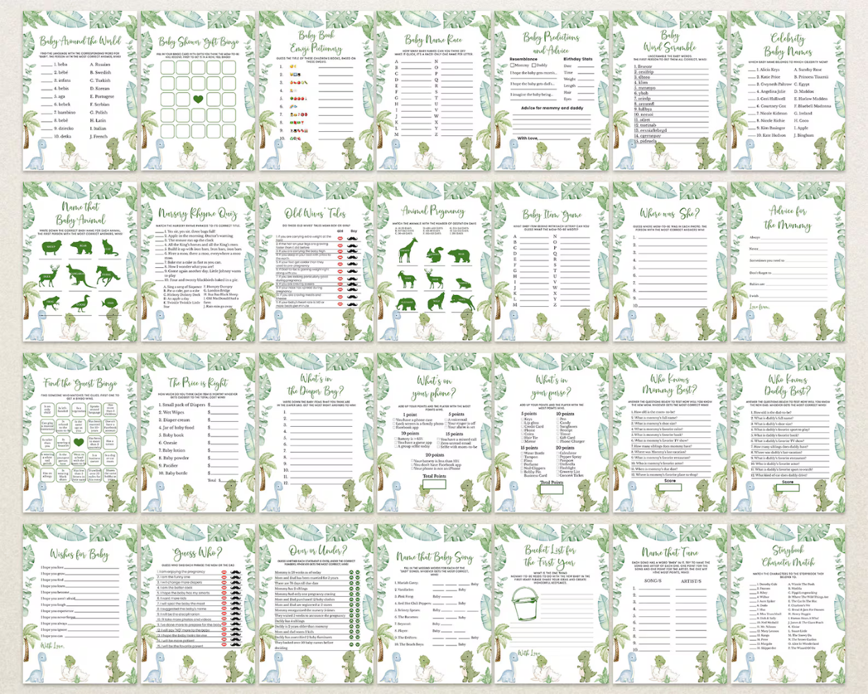 Editable Dinosaur Baby Shower Game Bundle | Printable Dinosaur Party Games