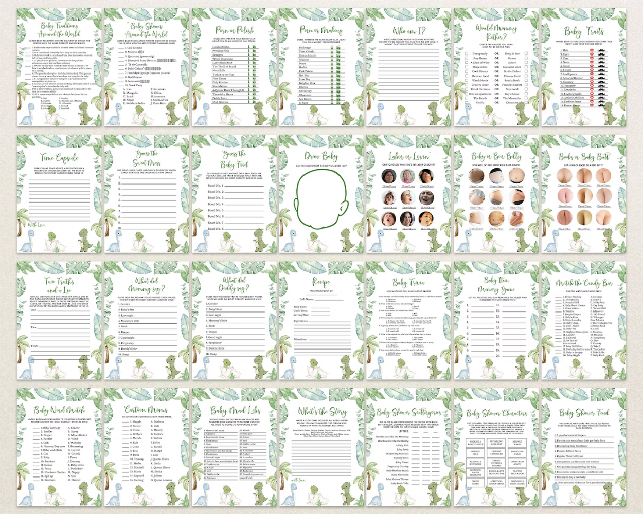 Editable Dinosaur Baby Shower Game Bundle | Printable Dinosaur Party Games